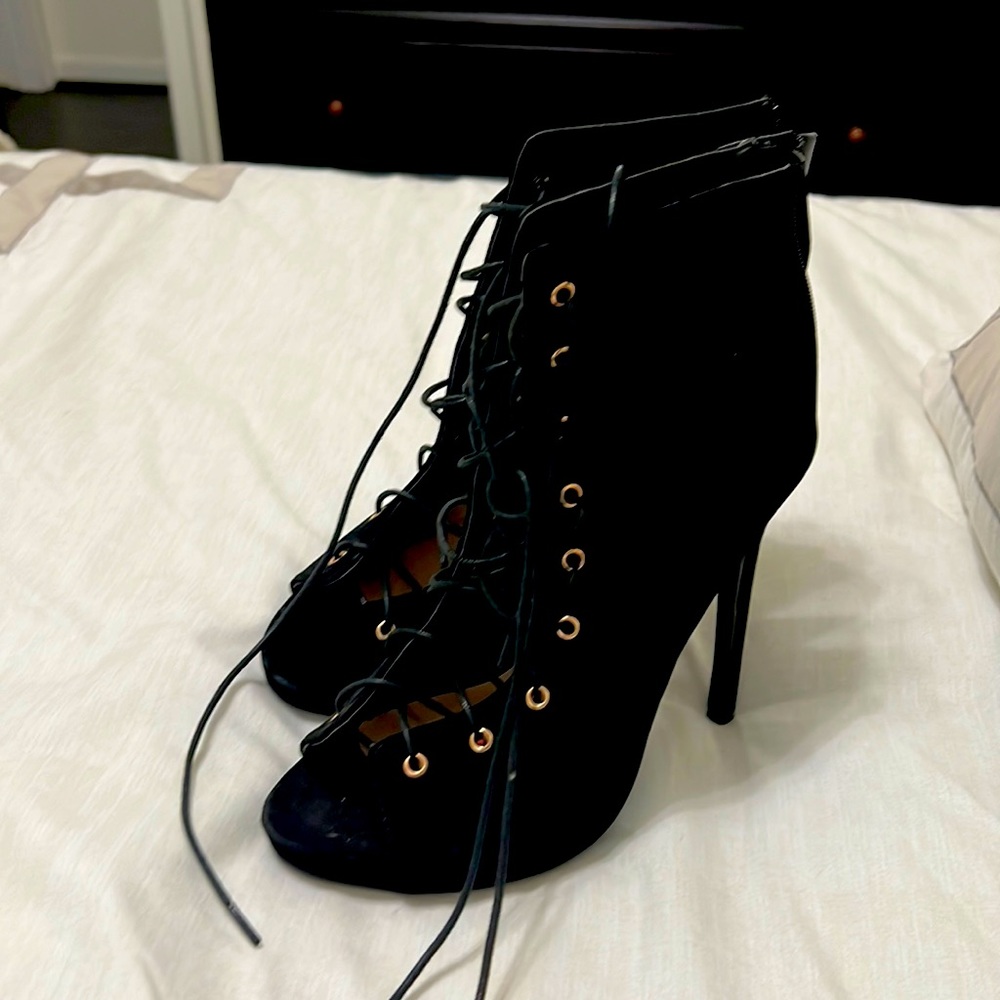 Black suede lace up open toe booties worn a couple times size 8.5